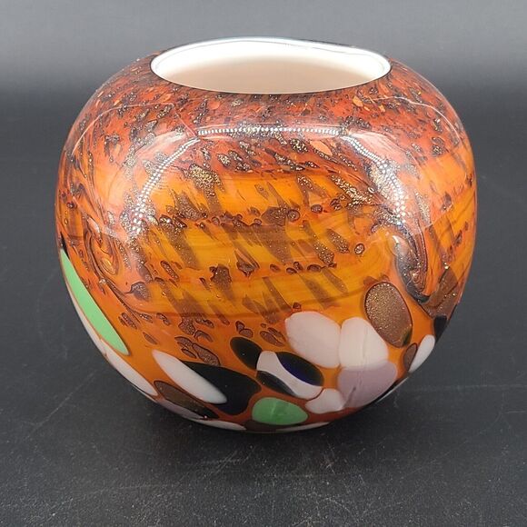 Art Glass Globe Bowl Vase Cased Copper Multicolor - Picture 3 of 4